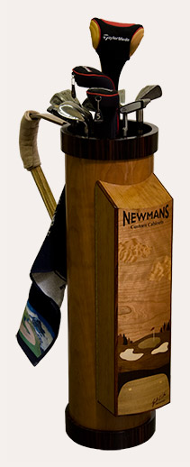 Woodworking trade OEM supplied golf bad wood inlay panel. Copyright 2007 Grant Chai.