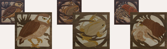 Tile reproductions in artistic wood inlay (marquetry). Copyright 2007 Grant Chai.